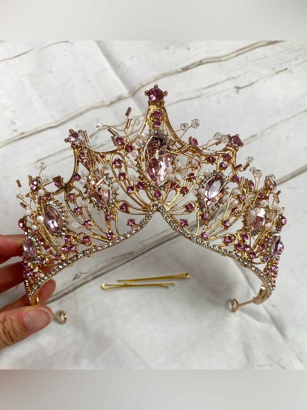 Gold Pink Crystal Tiara Crown - Elegant Women's Hair Accessory